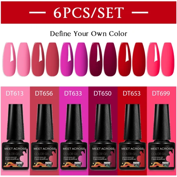 MEET ACROSS 6Pcs Acrylic Nails Kit 7.3ml Pink Red UV Gel Nail Polish