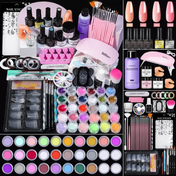 Acrylic Nails Kit With Powder, Glue, Lamp, Glitter, Tools, Tips