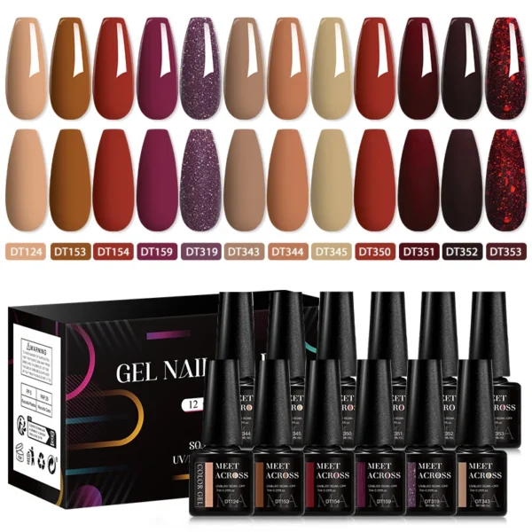 MEET Acrylic Nails Kit 12Pcs/Set Brown Gel Polish Autumn UV Soak Off