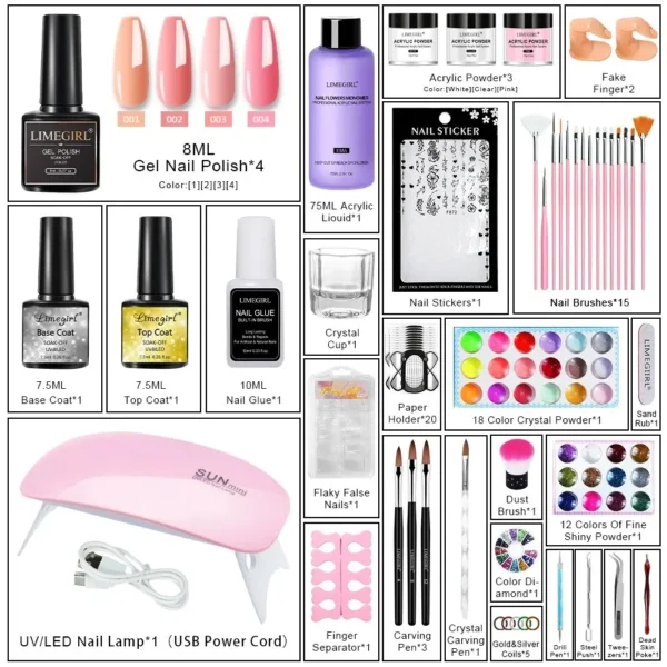 Acrylic Nails Kit With Powder, Glue, Lamp, Glitter, Tools, Tips - Image 2